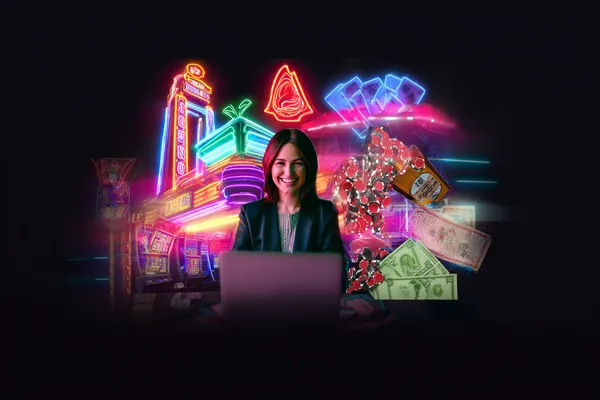 Uma mulher em um vestido verde luxuoso ao lado de uma roleta ornamentada, capturando o clima sofisticado do 79C.